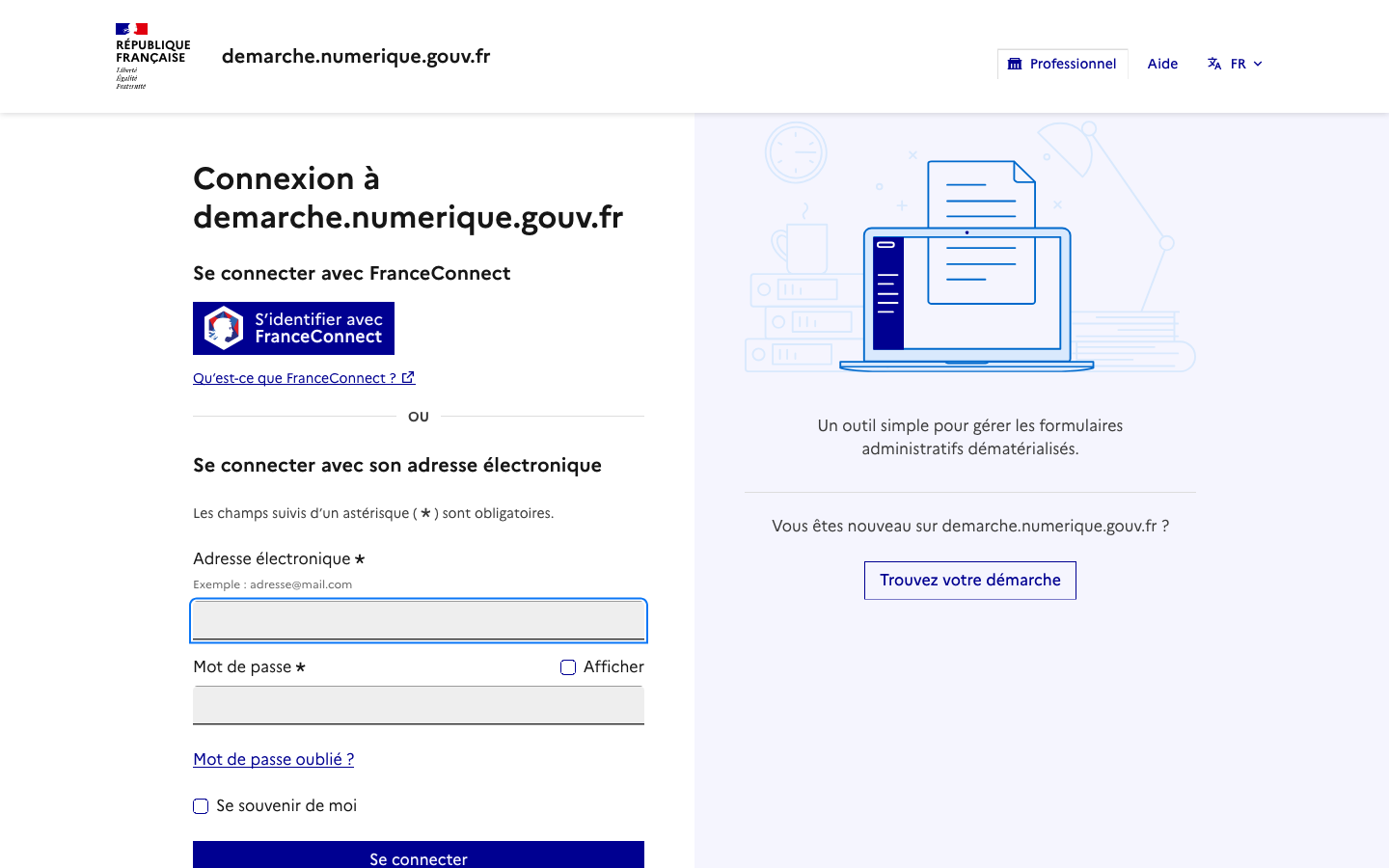 Page de connexion demarche.numerique.gouv.fr