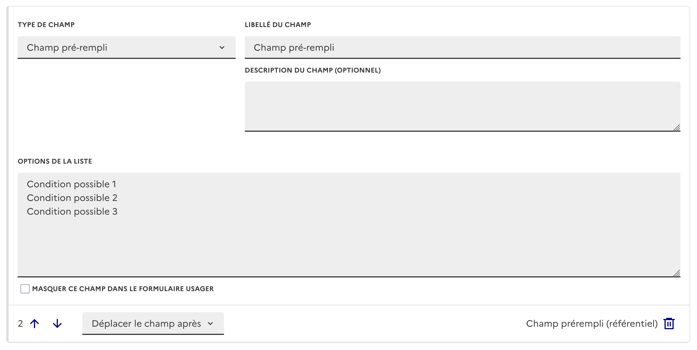 Configuration d’un champ pré-rempli : libellé, options de la liste et case pour masquer le champ