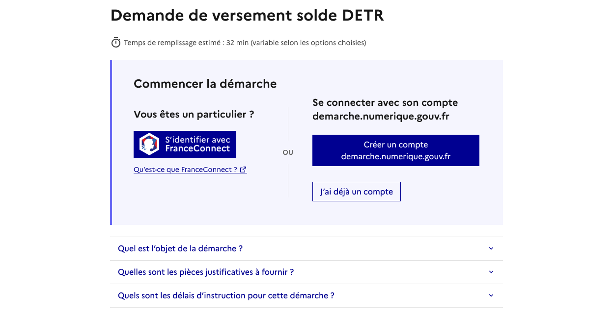 Page d'accueil d'une démarche avec les options de connexion