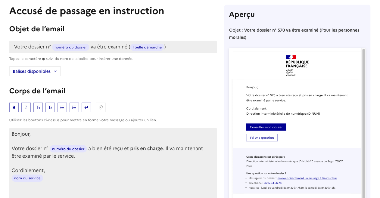 Écran d’édition d’un e-mail : à gauche l’éditeur de l’objet et du corps, à droite l’aperçu de l’e-mail